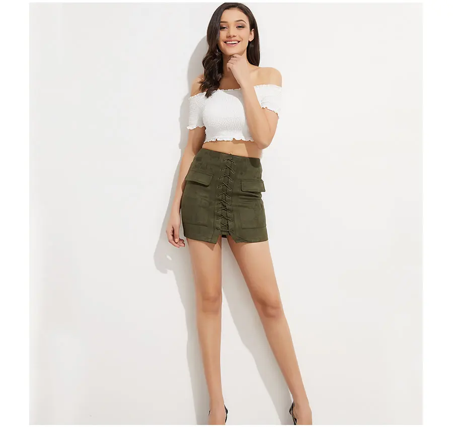 Colysmo Vintage High Waist External Pocket Tight Suede Lace Up Skirt Thick Women's Autumn Winter Pencil Skirt Preppy Mini Skirt 6