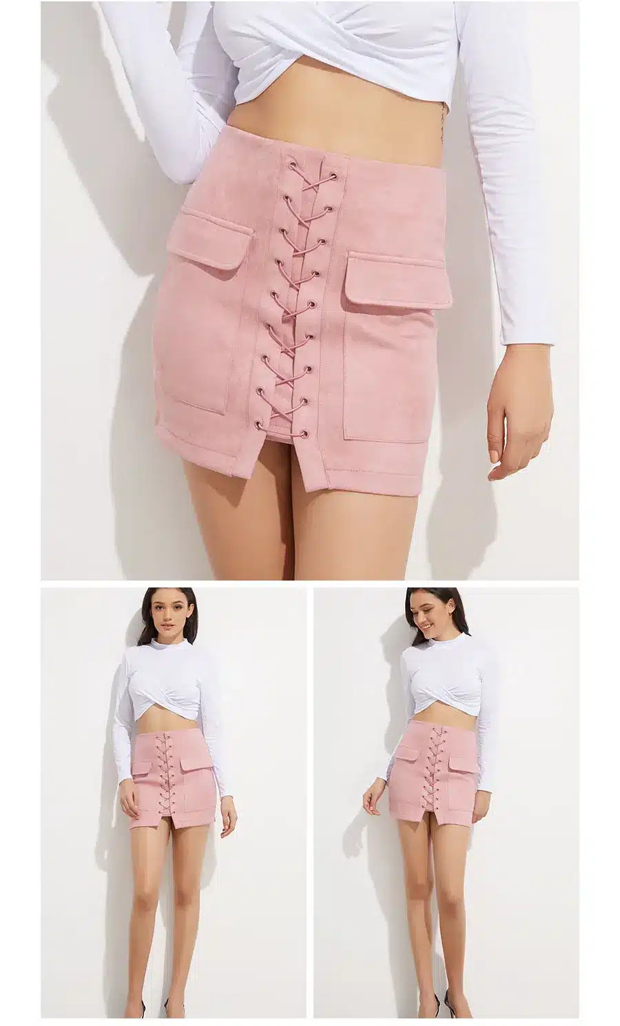 Colysmo Vintage High Waist External Pocket Tight Suede Lace Up Skirt Thick Women's Autumn Winter Pencil Skirt Preppy Mini Skirt 15