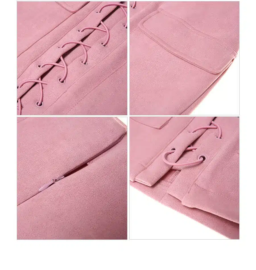 Colysmo Vintage High Waist External Pocket Tight Suede Lace Up Skirt Thick Women's Autumn Winter Pencil Skirt Preppy Mini Skirt 33