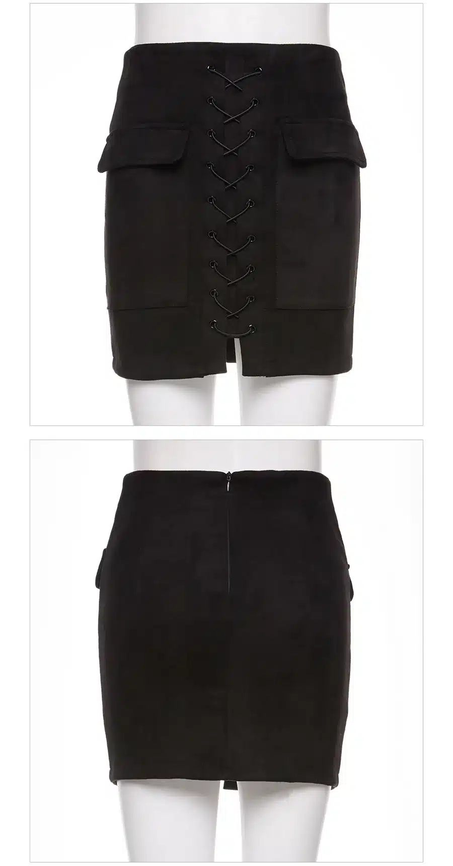 Colysmo Vintage High Waist External Pocket Tight Suede Lace Up Skirt Thick Women's Autumn Winter Pencil Skirt Preppy Mini Skirt 34