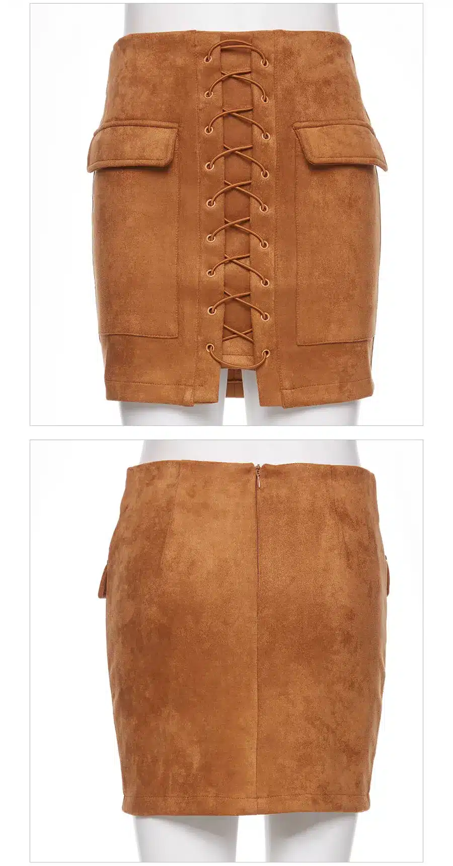Colysmo Vintage High Waist External Pocket Tight Suede Lace Up Skirt Thick Women's Autumn Winter Pencil Skirt Preppy Mini Skirt 36