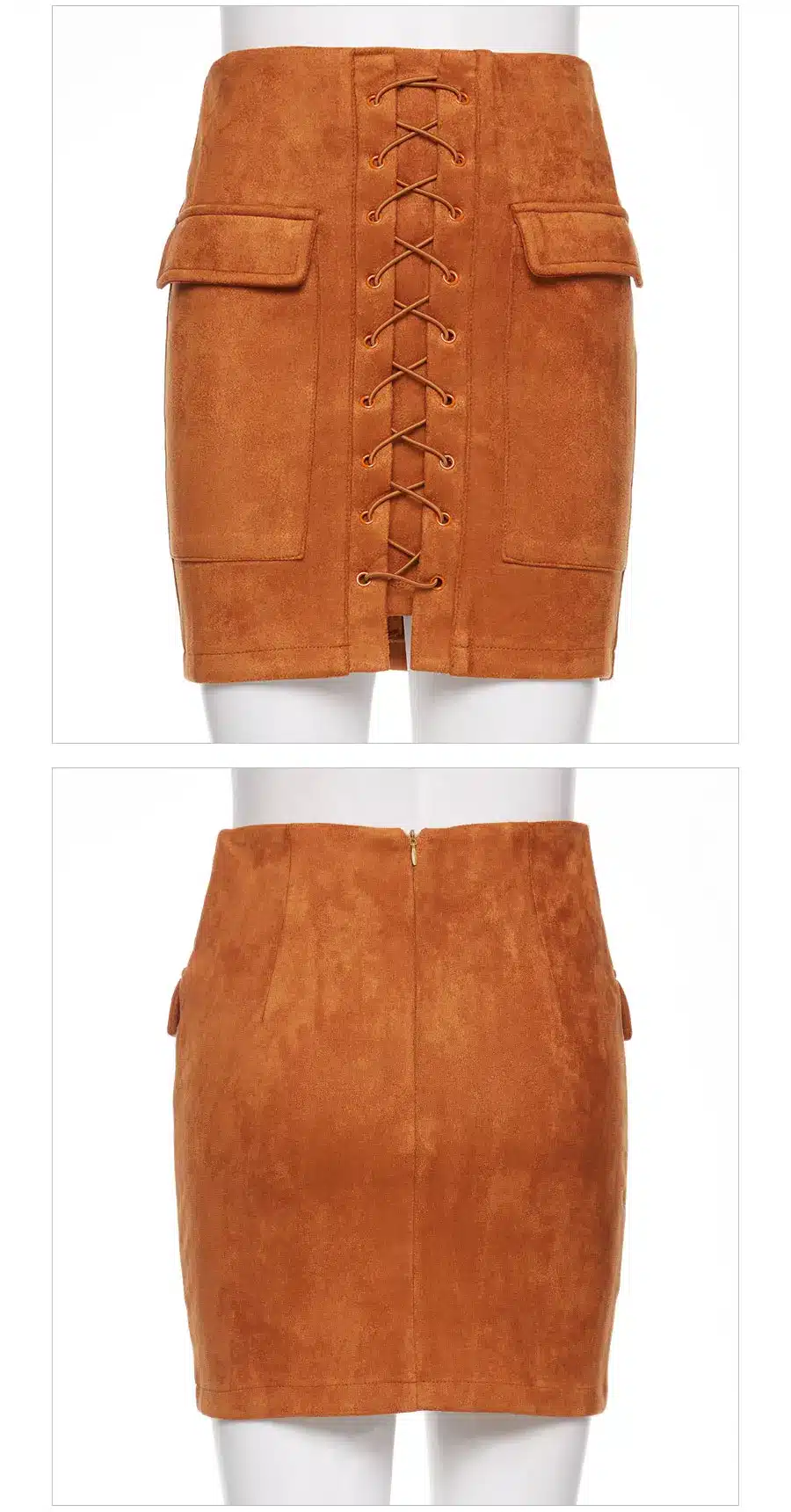 Colysmo Vintage High Waist External Pocket Tight Suede Lace Up Skirt Thick Women's Autumn Winter Pencil Skirt Preppy Mini Skirt 38
