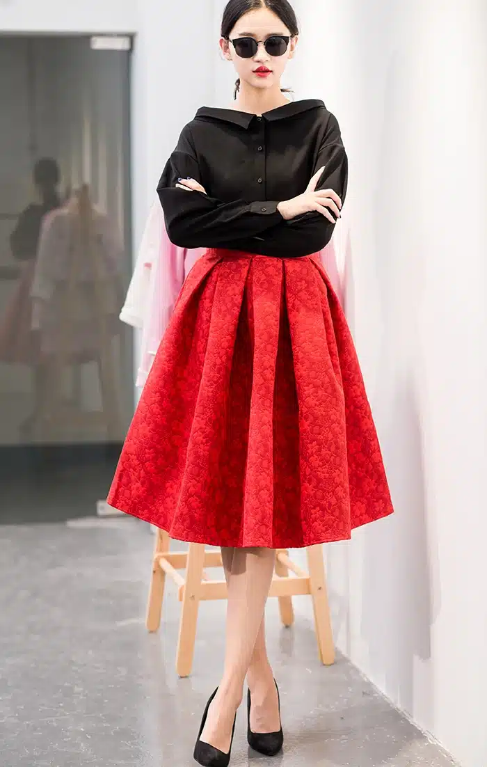 EXOTAO Autumn Retro High Waist Skirt Women Elegant Female Jacquard Mini Pleated Skirts Knee-Length Saias A-line Red Jupe 2017 10