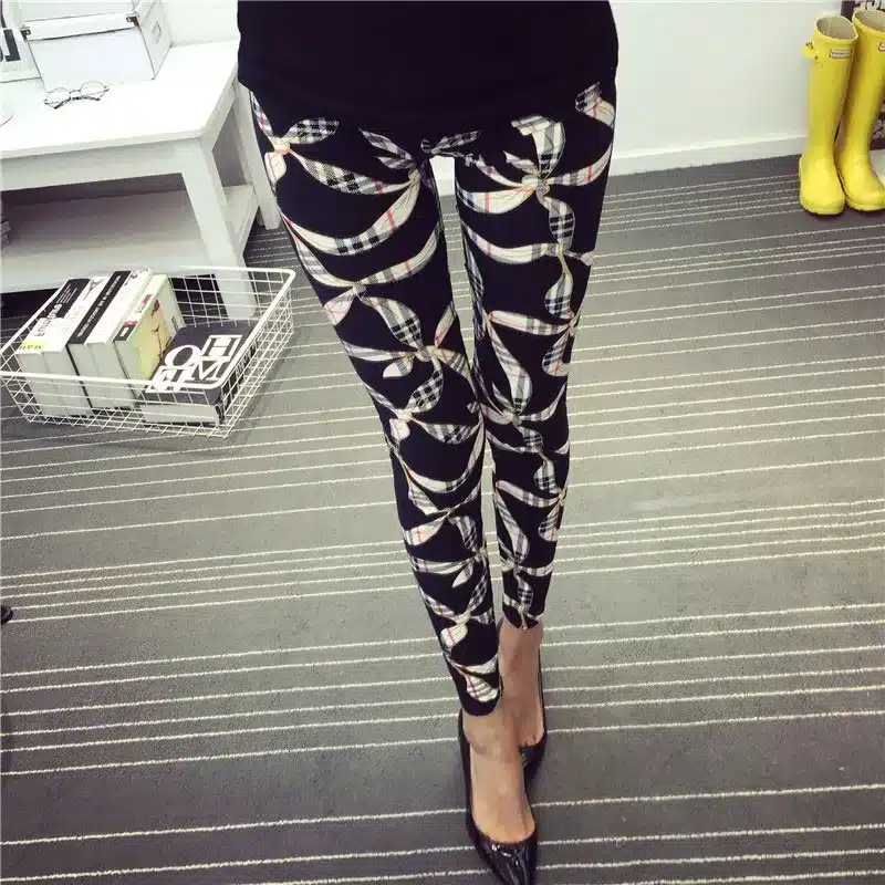 BIVIGAOS New Fashion Women Casual Cotton BRUSHED Black Milk Leggings Pants Female Elastic Plaid Graffiti Leggings Trousers Women 25