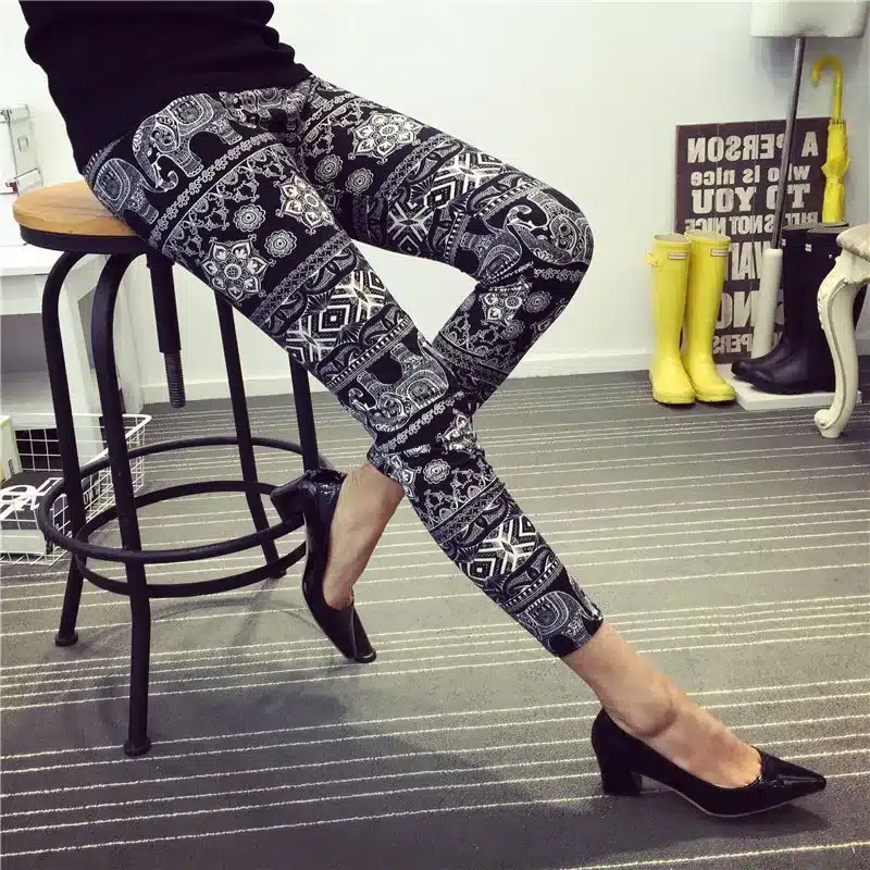 BIVIGAOS New Fashion Women Casual Cotton BRUSHED Black Milk Leggings Pants Female Elastic Plaid Graffiti Leggings Trousers Women 34