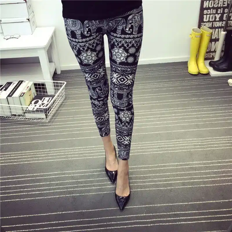 BIVIGAOS New Fashion Women Casual Cotton BRUSHED Black Milk Leggings Pants Female Elastic Plaid Graffiti Leggings Trousers Women 35