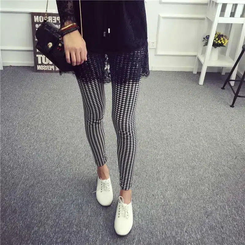 BIVIGAOS New Fashion Women Casual Cotton BRUSHED Black Milk Leggings Pants Female Elastic Plaid Graffiti Leggings Trousers Women 55