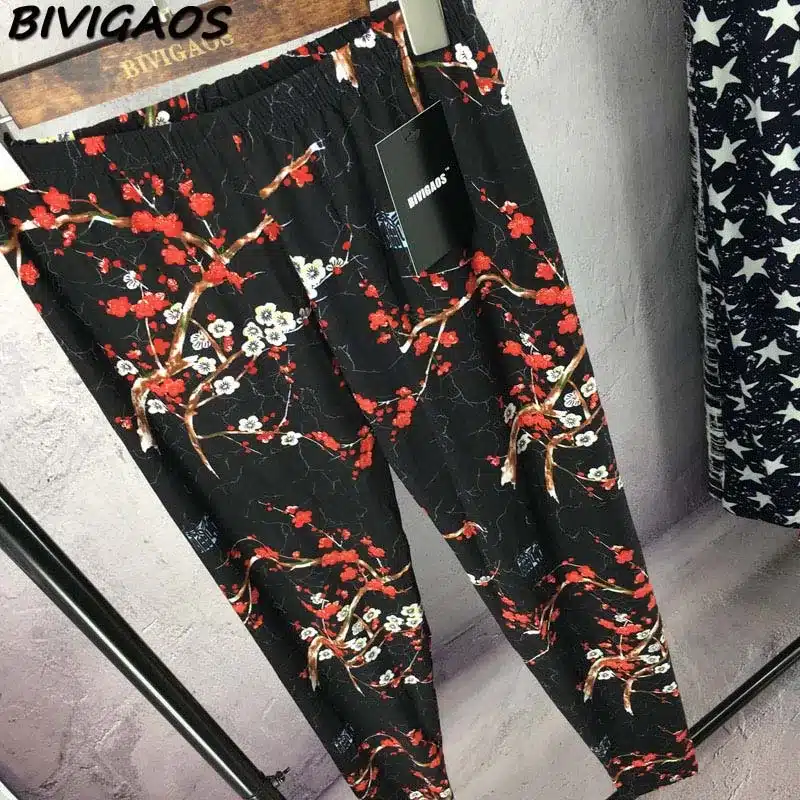 BIVIGAOS New Fashion Women Casual Cotton BRUSHED Black Milk Leggings Pants Female Elastic Plaid Graffiti Leggings Trousers Women 93