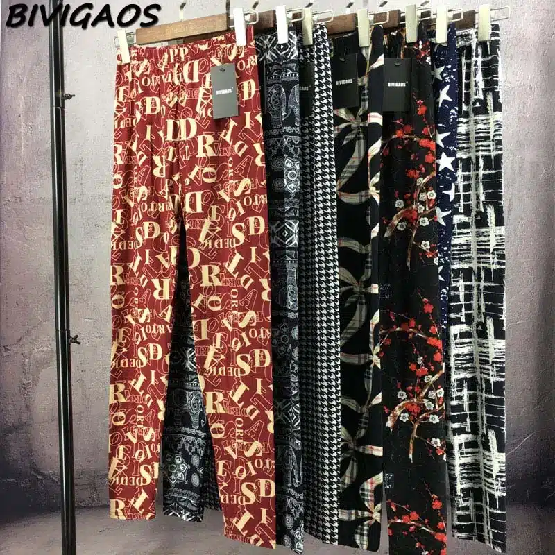 BIVIGAOS New Fashion Women Casual Cotton BRUSHED Black Milk Leggings Pants Female Elastic Plaid Graffiti Leggings Trousers Women 94