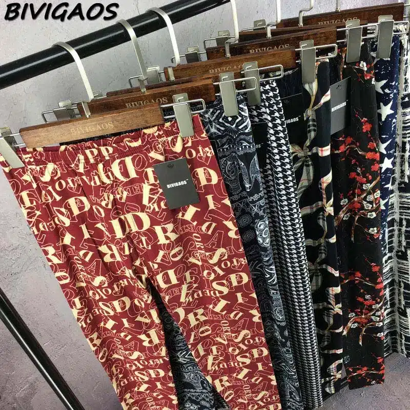 BIVIGAOS New Fashion Women Casual Cotton BRUSHED Black Milk Leggings Pants Female Elastic Plaid Graffiti Leggings Trousers Women 95
