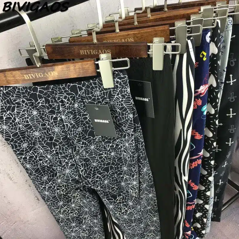 BIVIGAOS New Fashion Women Casual Cotton BRUSHED Black Milk Leggings Pants Female Elastic Plaid Graffiti Leggings Trousers Women 96