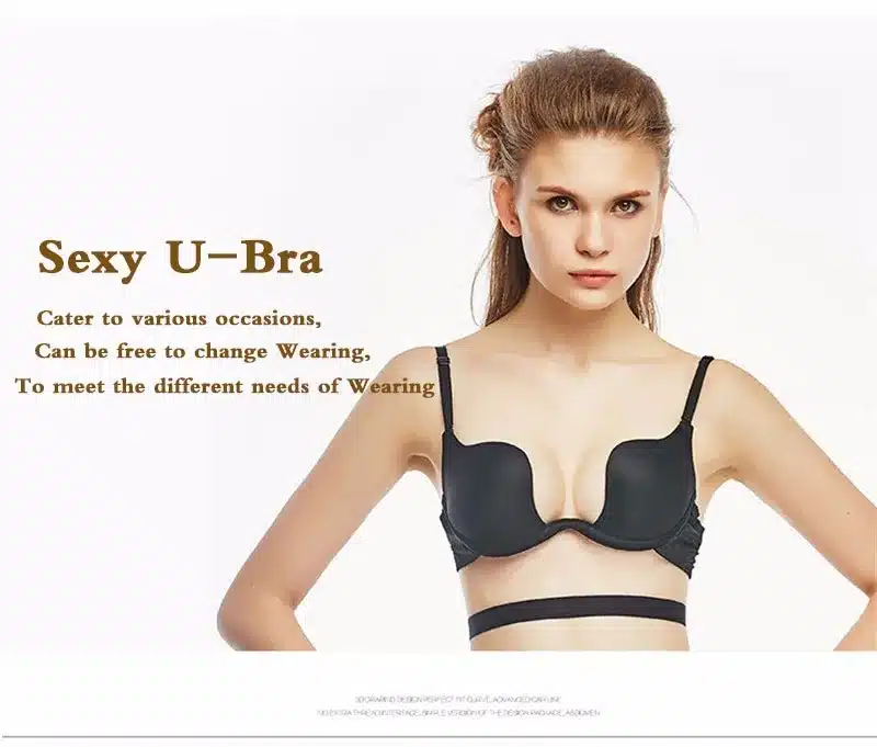 New Hot Sexy Bra Push Up U Plunge Bra Of Underwear Women D Cup Seamless Half Cup Bra And Brief Dress Lingerie Halter Solid Black 17
