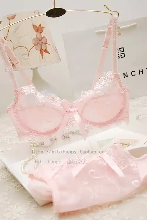 Free shipping Bra & Brief Sets Flower gauze lace embroidery ultra-thin transparent sexy bra underwear set navy blue black 50