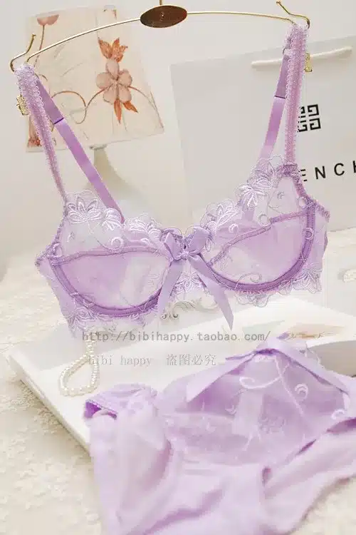 Free shipping Bra & Brief Sets Flower gauze lace embroidery ultra-thin transparent sexy bra underwear set navy blue black 51
