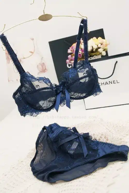 Free shipping Bra & Brief Sets Flower gauze lace embroidery ultra-thin transparent sexy bra underwear set navy blue black 52