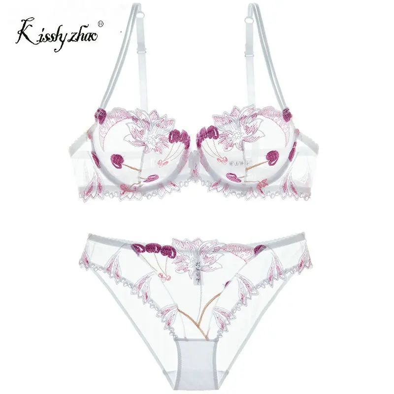 Women Underwer Lingerie Set Sexy Bra Brief Sets Push up Transparent Lace Embroidery Unlined Thin Black Bra Panties White Bra 14