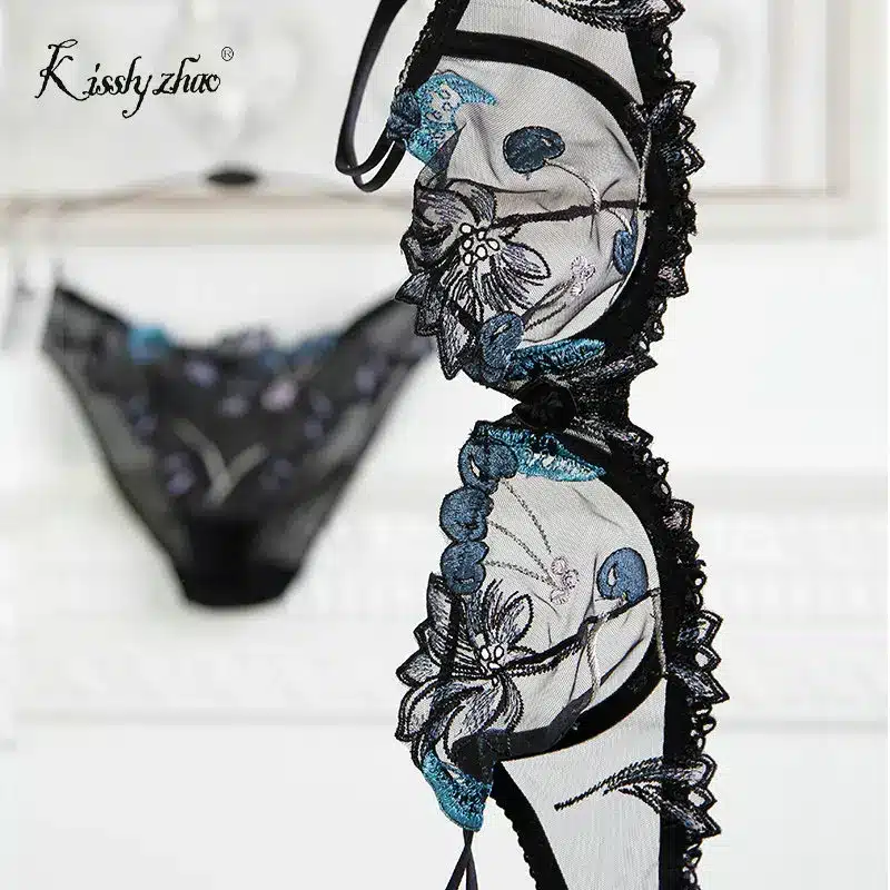 Women Underwer Lingerie Set Sexy Bra Brief Sets Push up Transparent Lace Embroidery Unlined Thin Black Bra Panties White Bra 15