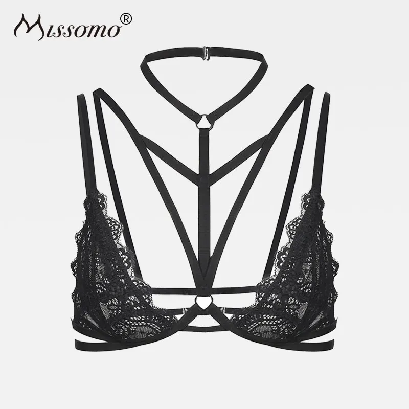 Missomo 2018 New Fashion Bra Women Black Sexy Lace Bralette Cross Straps Choker Soft Sheer Halter Bras Intiamte Underwear 5