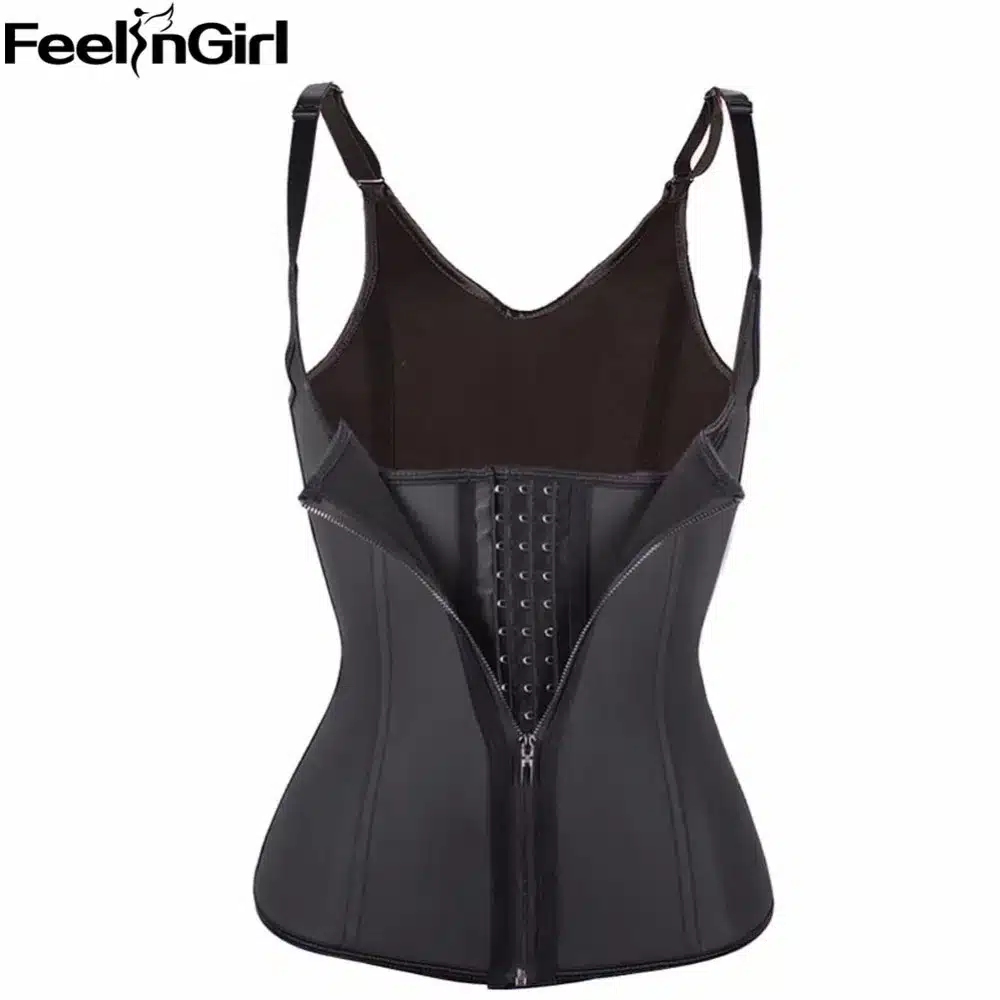 FeelinGirl Zipper & Hook Women Black Latex Waist Trainer Corset Vest Steel Bone Waist Cincher Body Shaper Corselet -C 4