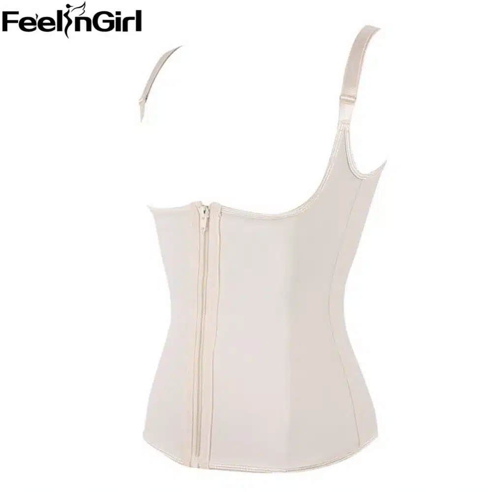 FeelinGirl Zipper & Hook Women Black Latex Waist Trainer Corset Vest Steel Bone Waist Cincher Body Shaper Corselet -C 9