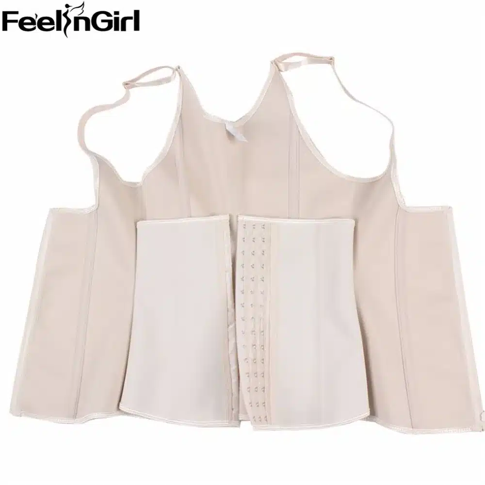 FeelinGirl Zipper & Hook Women Black Latex Waist Trainer Corset Vest Steel Bone Waist Cincher Body Shaper Corselet -C 11