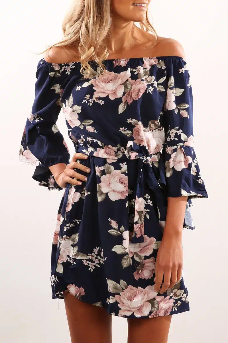ELSVIOS Sexy Off Shoulder Slash Neck Office Dress 2017 Summer Floral Print Beach Dress Casual Flare Sleeve Women Dress Vestidos 2