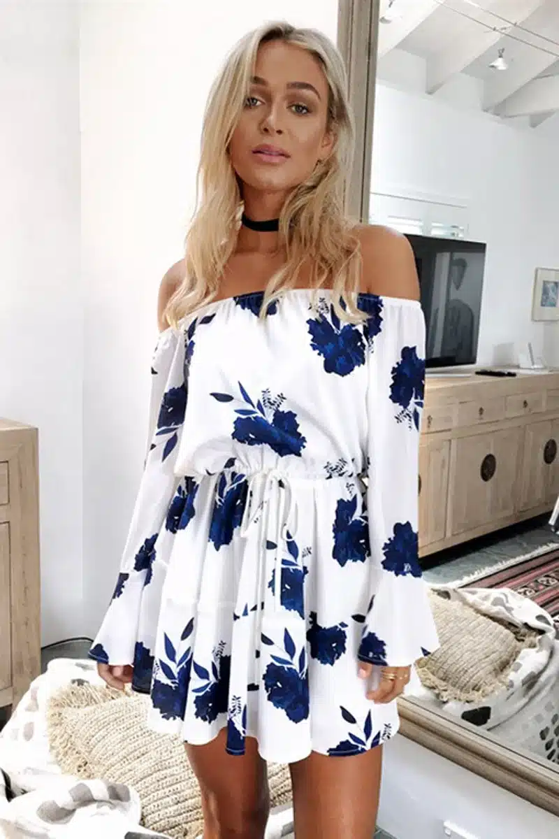 ELSVIOS Sexy Off Shoulder Slash Neck Office Dress 2017 Summer Floral Print Beach Dress Casual Flare Sleeve Women Dress Vestidos 5
