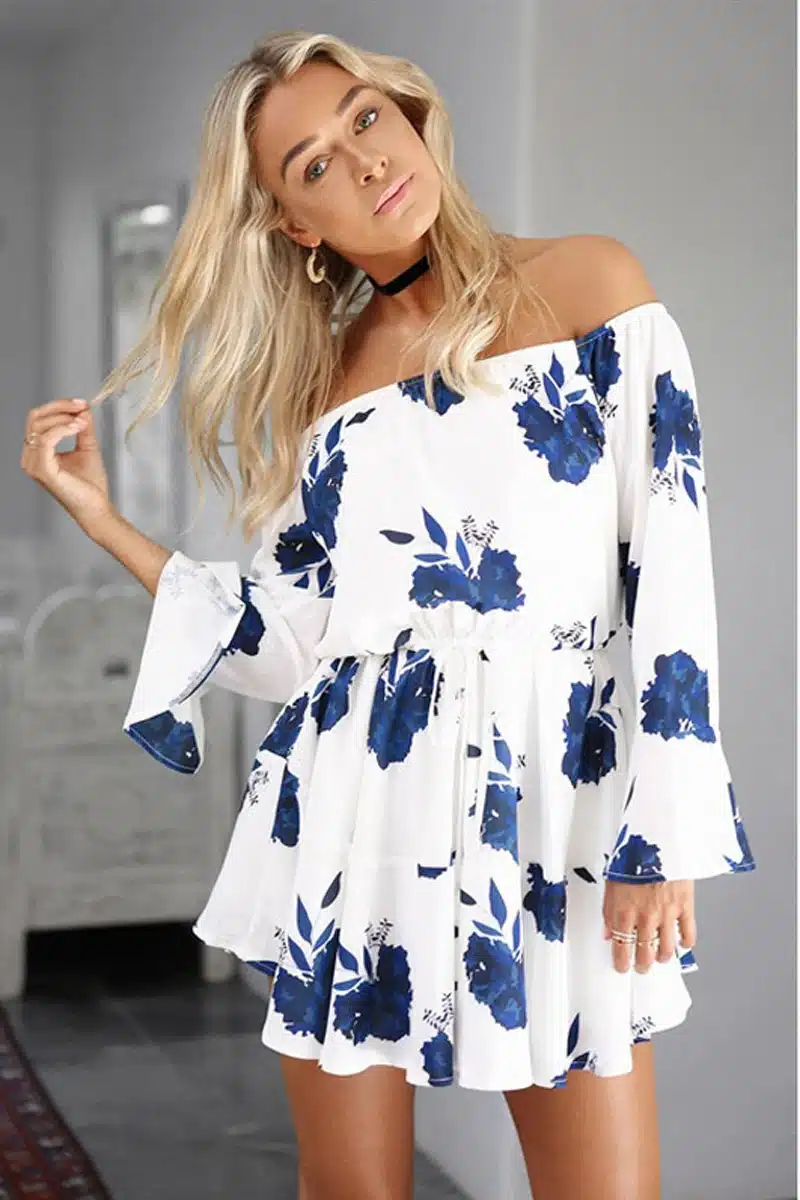 ELSVIOS Sexy Off Shoulder Slash Neck Office Dress 2017 Summer Floral Print Beach Dress Casual Flare Sleeve Women Dress Vestidos 7