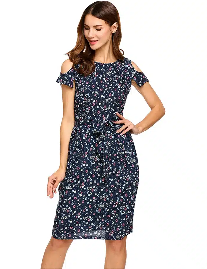 ANGVNS Women Vintage Summer Dress 2018 Top Rufflles Cold Shoulder Short Sleeve Floral Print Casual Dress with Belt Beach Dress 15