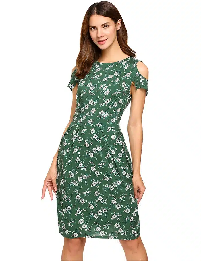 ANGVNS Women Vintage Summer Dress 2018 Top Rufflles Cold Shoulder Short Sleeve Floral Print Casual Dress with Belt Beach Dress 16