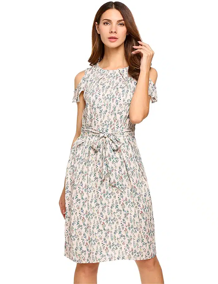 ANGVNS Women Vintage Summer Dress 2018 Top Rufflles Cold Shoulder Short Sleeve Floral Print Casual Dress with Belt Beach Dress 17