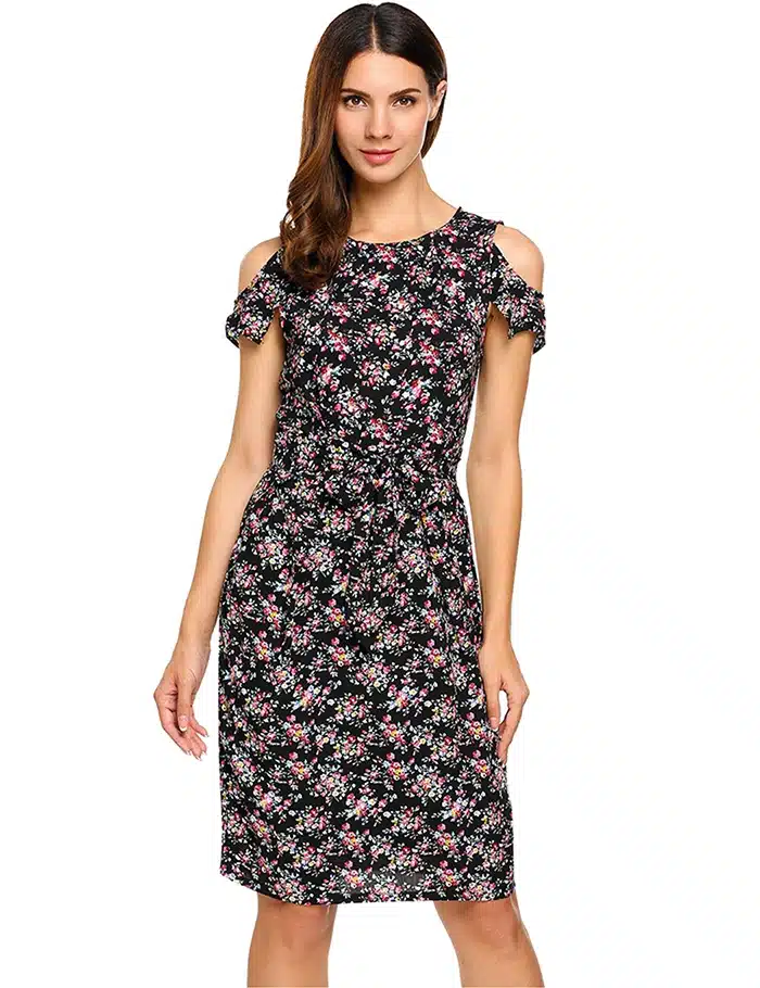 ANGVNS Women Vintage Summer Dress 2018 Top Rufflles Cold Shoulder Short Sleeve Floral Print Casual Dress with Belt Beach Dress 18