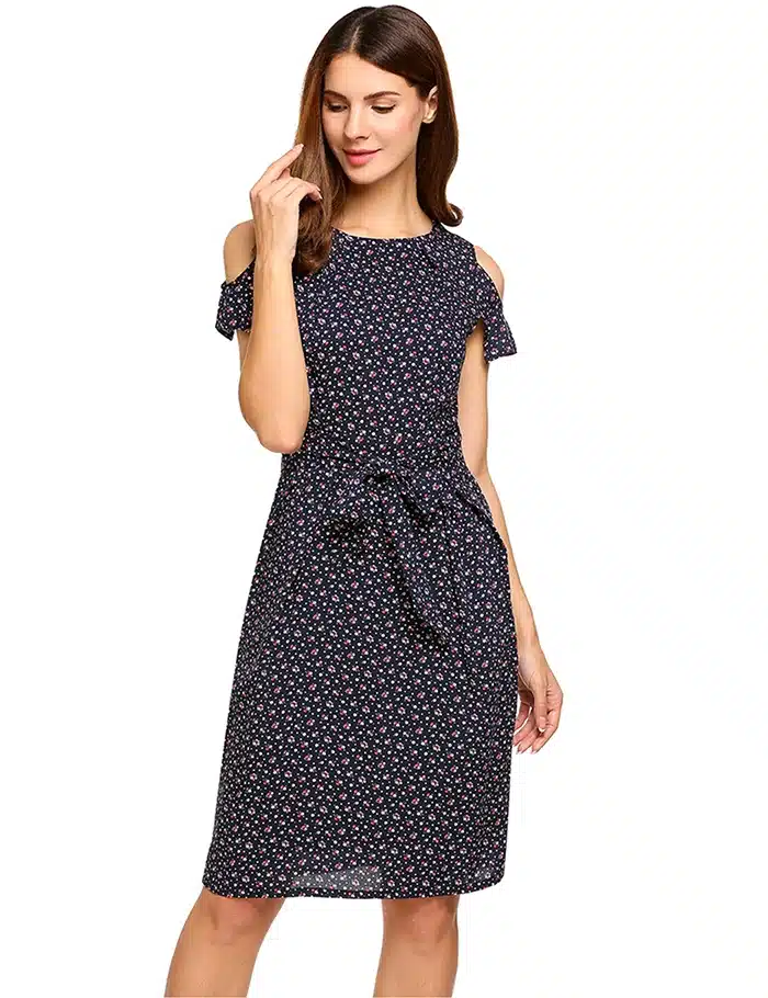 ANGVNS Women Vintage Summer Dress 2018 Top Rufflles Cold Shoulder Short Sleeve Floral Print Casual Dress with Belt Beach Dress 19