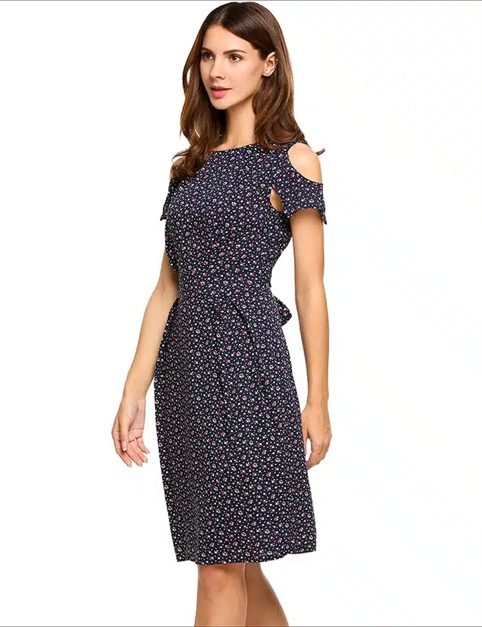ANGVNS Women Vintage Summer Dress 2018 Top Rufflles Cold Shoulder Short Sleeve Floral Print Casual Dress with Belt Beach Dress 23