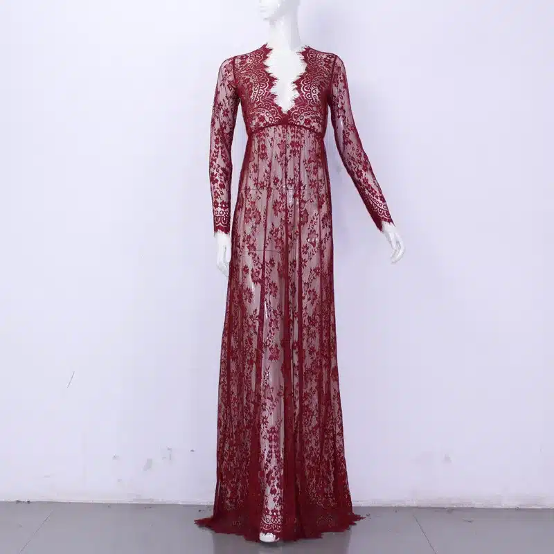 ArtSu Women 2017 Sexy V-neck Long Sleeve Long Lace Dress Summer Floral Maxi Vestidos Mujer Plus Sexy Black White Red 4XL DR5046 26