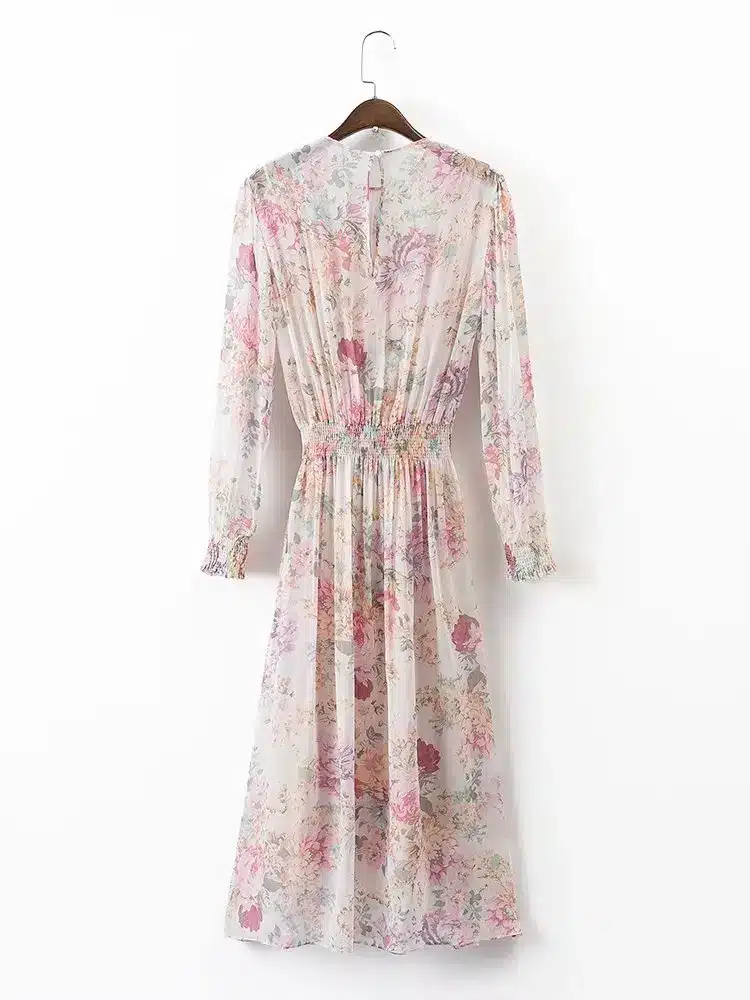 Autumn Dress Chiffon Sweet Women O Neck Long Sleeve Floral Dress Elastic Waist Casual Midi Dress Brand Vestidos Mujer XDWM375 9