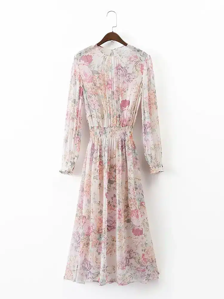 Autumn Dress Chiffon Sweet Women O Neck Long Sleeve Floral Dress Elastic Waist Casual Midi Dress Brand Vestidos Mujer XDWM375 17
