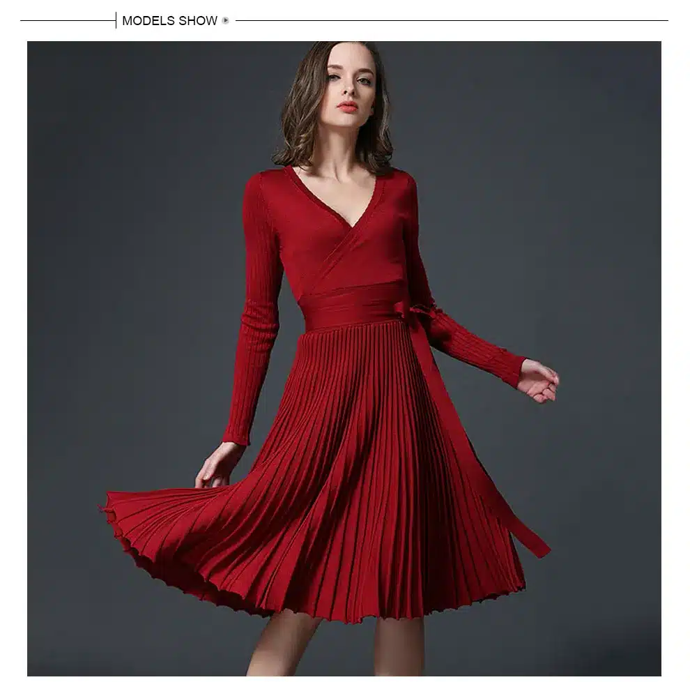 High Quality Elegant Winter Dress 2017 Office Dresses For Women Decorative Sashes V-Neck Solid Plus Size Vintage Vestidos 5
