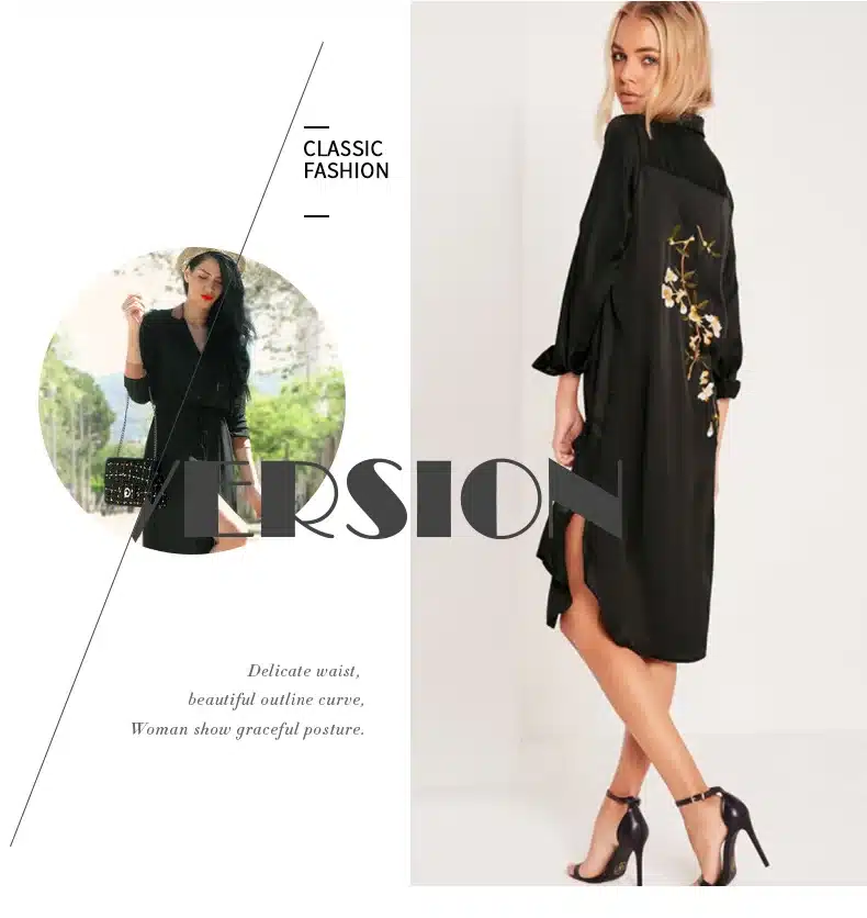 HDY Haoduoyi Women Black Embroidery Shirt Dress Casual Button Down Loose Fit Party Dress Long Sleeves Split Office Work Dress 16