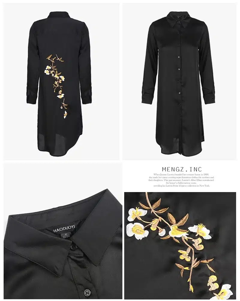 HDY Haoduoyi Women Black Embroidery Shirt Dress Casual Button Down Loose Fit Party Dress Long Sleeves Split Office Work Dress 22