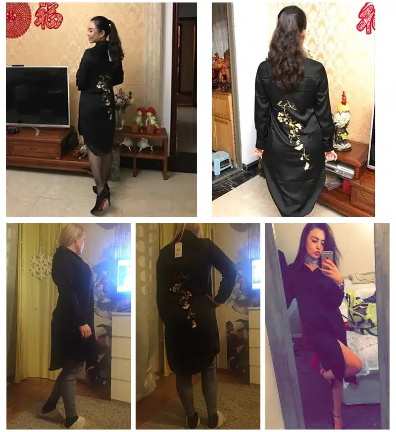 HDY Haoduoyi Women Black Embroidery Shirt Dress Casual Button Down Loose Fit Party Dress Long Sleeves Split Office Work Dress 23