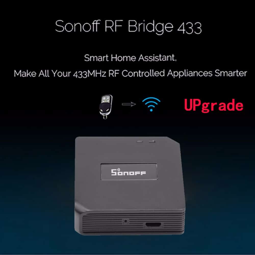 Intelligentne must nutilüliti, mis on osa Sonoff RF Bridge 433 MHz WiFi universaalsest lülitist, võimaldades kaugjuhtimist ja nutika kodu automatiseerimist.
