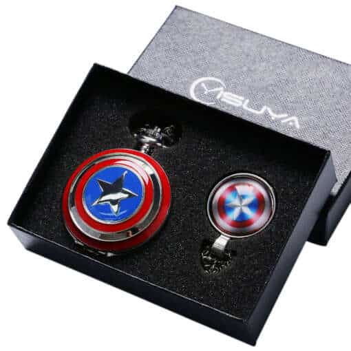Captain America teemaline steampunk taskukellade ja kaelakeede komplekt kilbi motiiviga, kinkekarbiga meestele ja poistele.