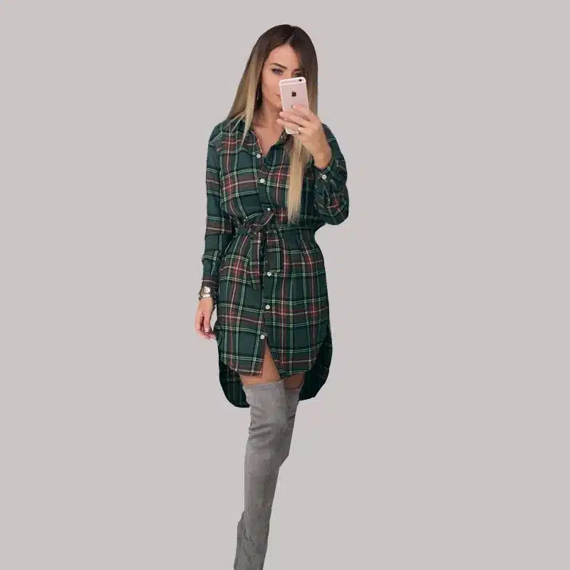 NEW Women Dress Sexy Long Sleeve Office Dress Irregular Plaid Shirt Dresses Women Clothes LJ5932E 10