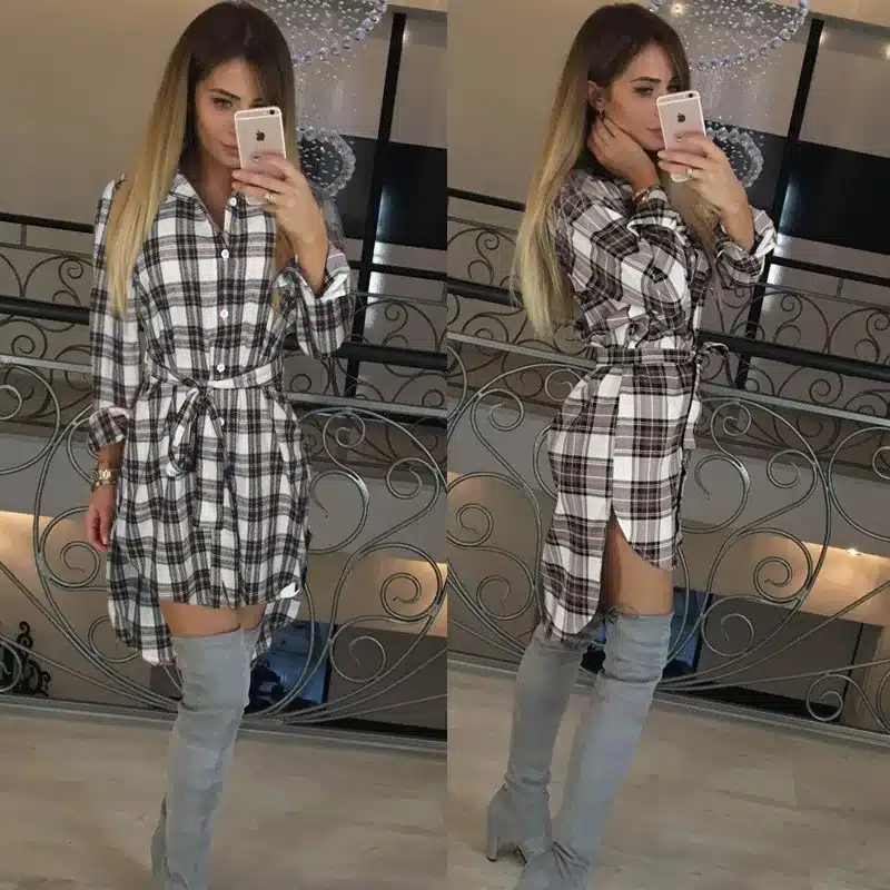 NEW Women Dress Sexy Long Sleeve Office Dress Irregular Plaid Shirt Dresses Women Clothes LJ5932E 11