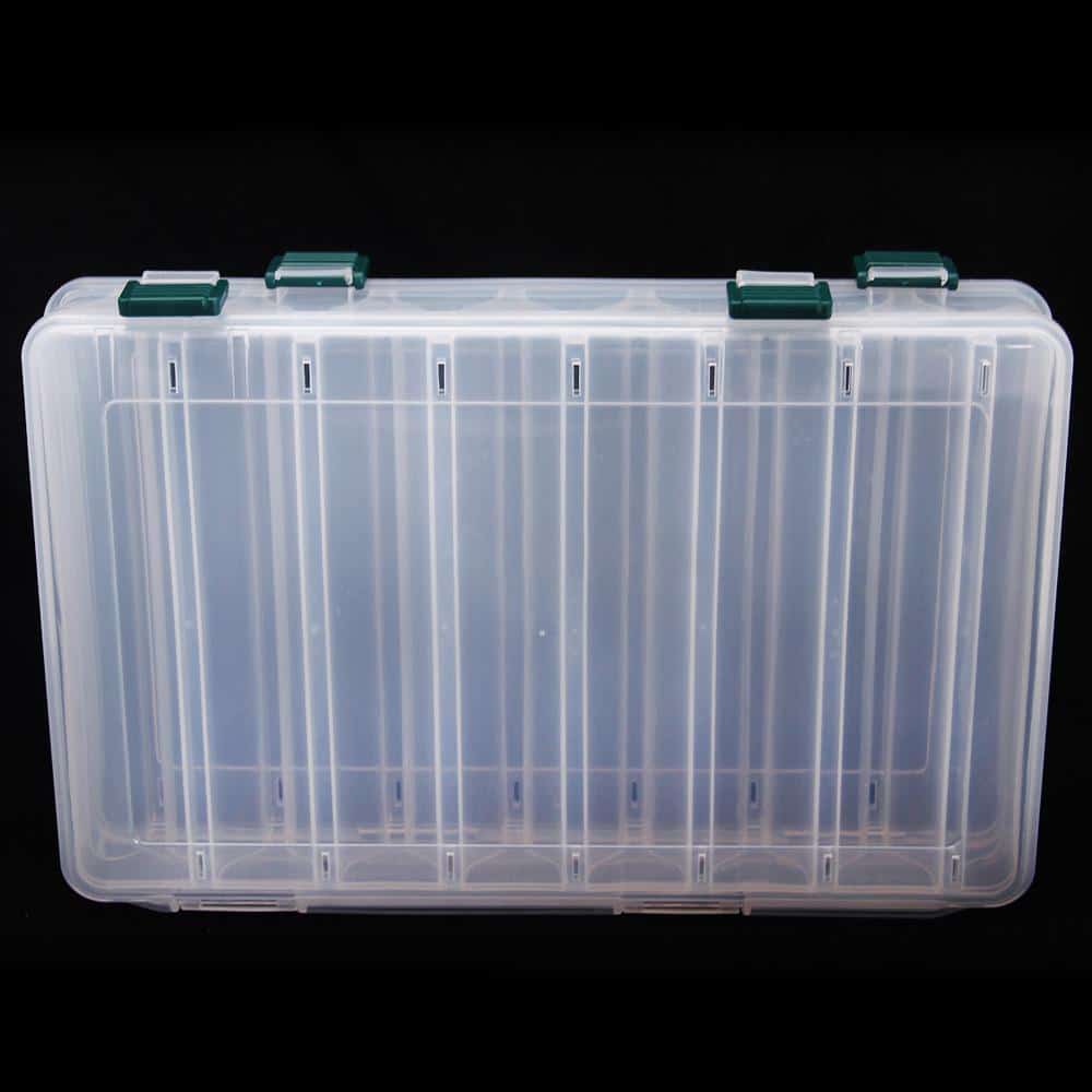Läbipaistev kahekülgne plastist karp lantide hoidmiseks, 14 sektsiooni, mõõdud 27x18x4.7 cm.