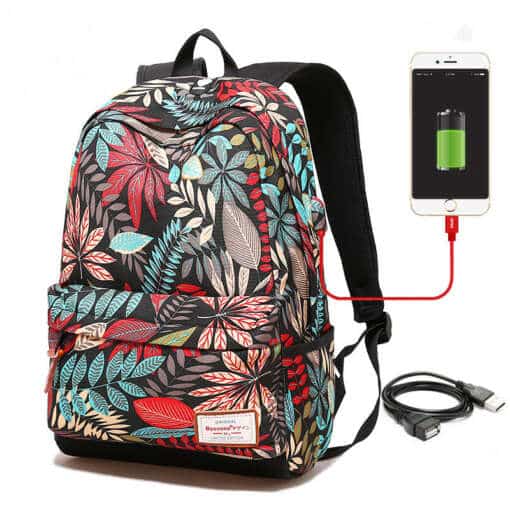 USB-laadimisega lehemustriline seljakott naistele ja teismelistele, ideaalne kooli ja ülikooli.