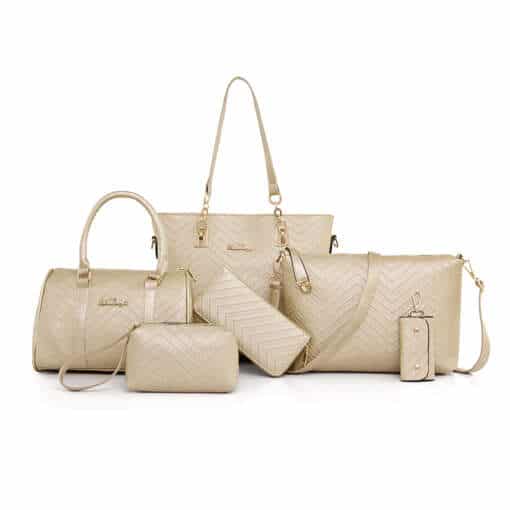Kuueosaline kottide komplekt, mis sisaldab luksuslikku daami käekotti, naiste õlakotti, crossbody kotti, rahakotti ja clutch-kotti.