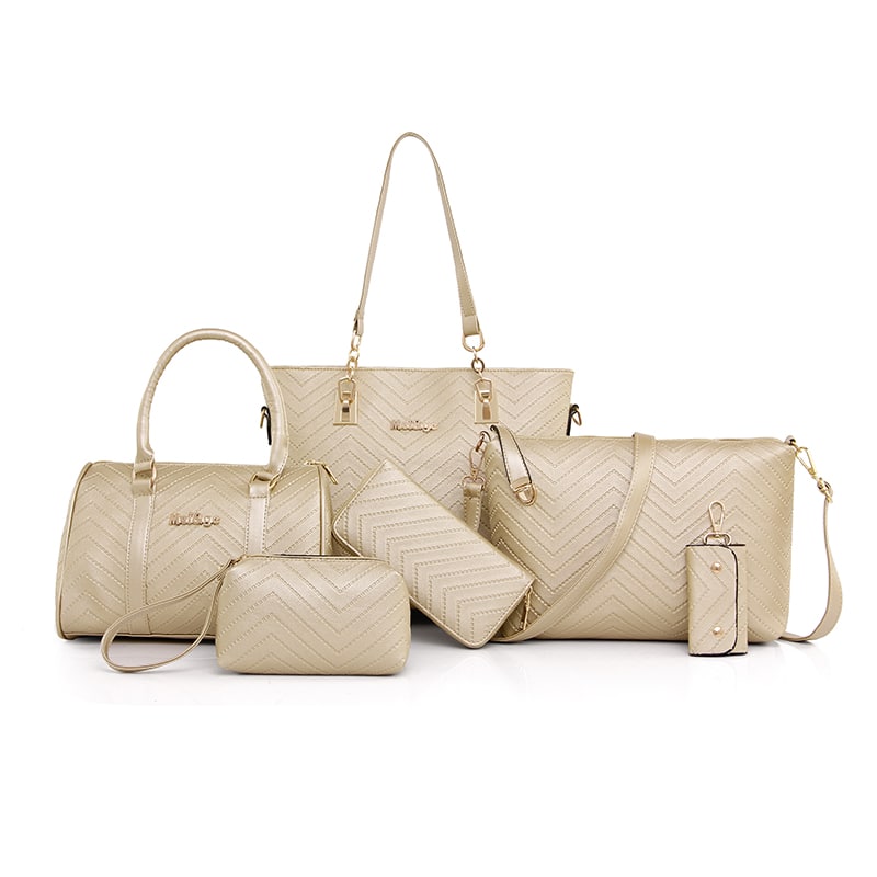 Kuueosaline kottide komplekt, mis sisaldab luksuslikku daami käekotti, naiste õlakotti, crossbody kotti, rahakotti ja clutch-kotti.