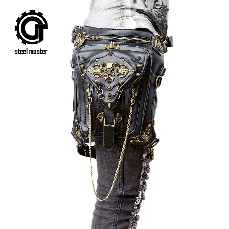 Erinevat moodi kantav pungilik kott, must steampunk stiilis, kolju detailidega, sobib nii meeste kui naiste jaoks, kantav vöökotina, õlakotina või telefonihoidjana.